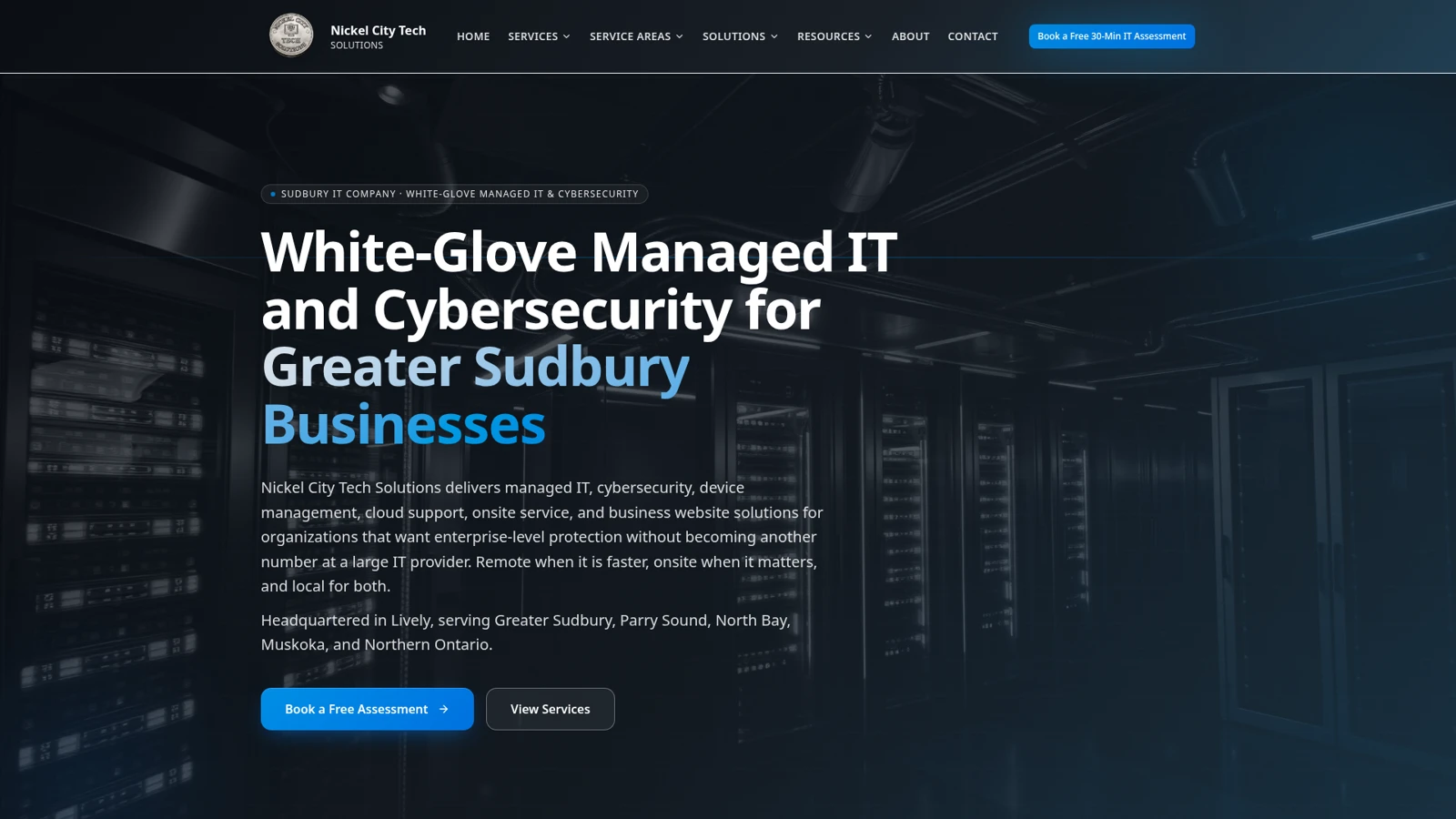 Nickel City Tech Solutions corporate website presenting managed IT services for Northern Ontario businesses