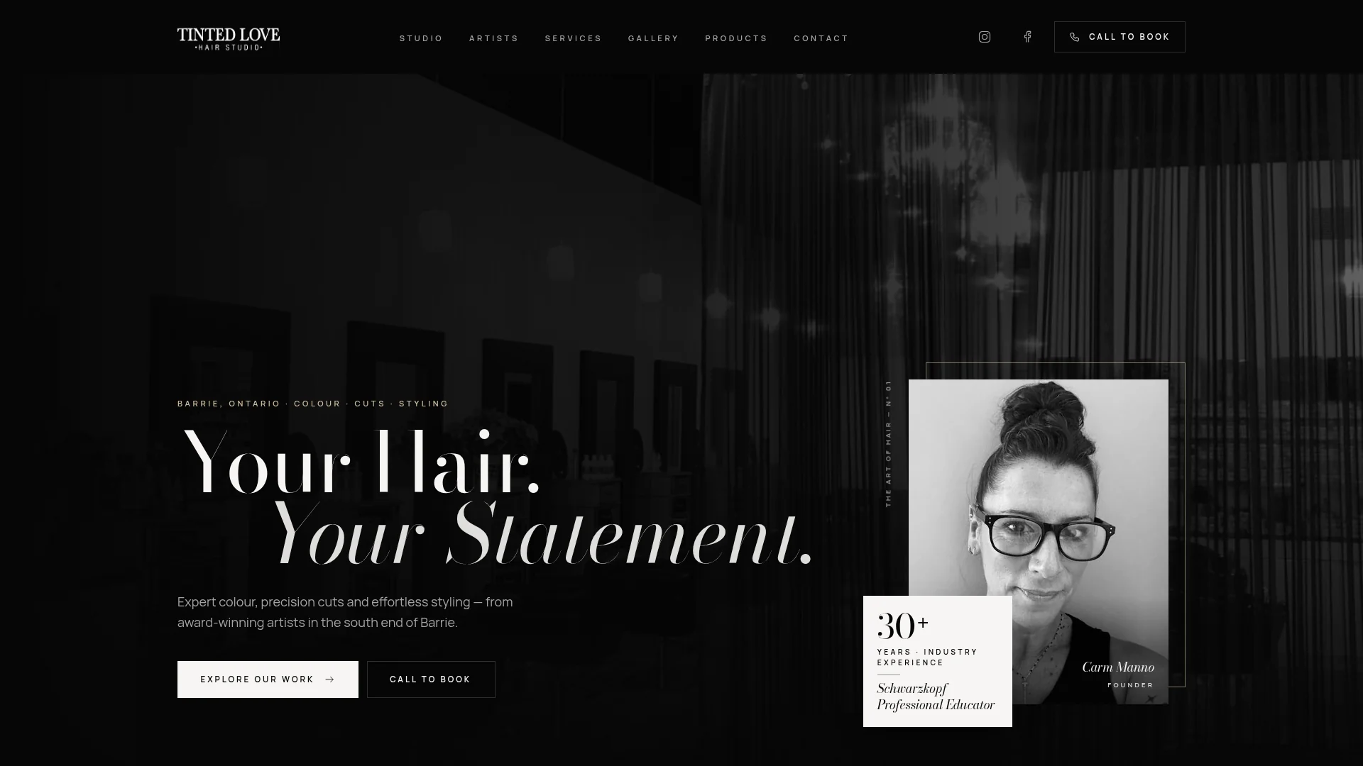 Tinted Love Hair Studio's monochrome website featuring its Barrie salon, hair artist photography, and call-to-book appointment enquiries