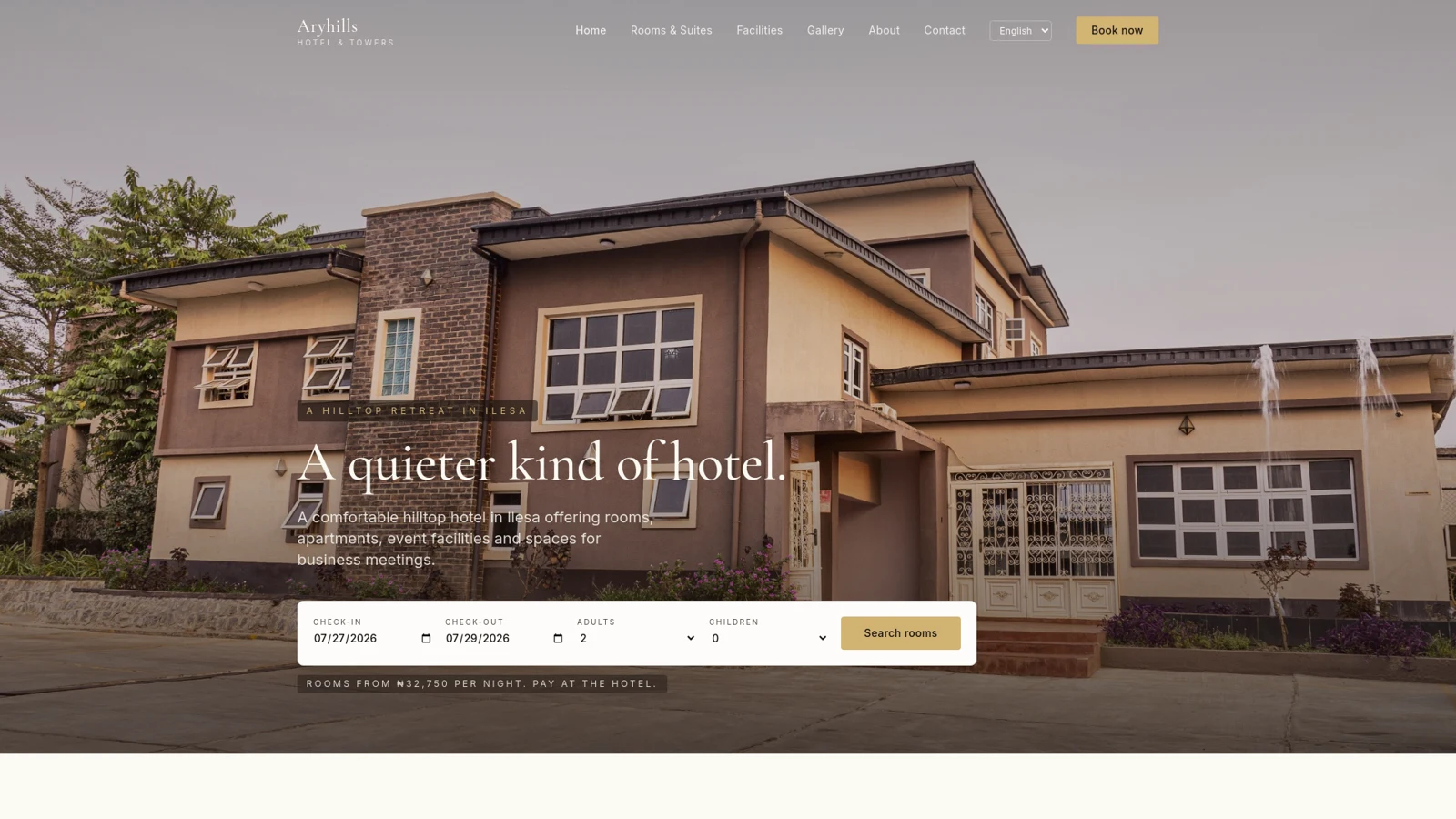 Aryhills Hotel and Towers website showing the hotel, language selection, and room search with arrival and departure dates