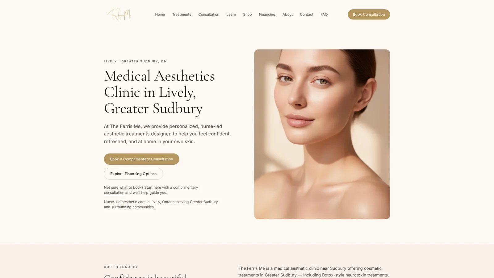 The Ferris ME clinic website with treatment information and a consultation call to action