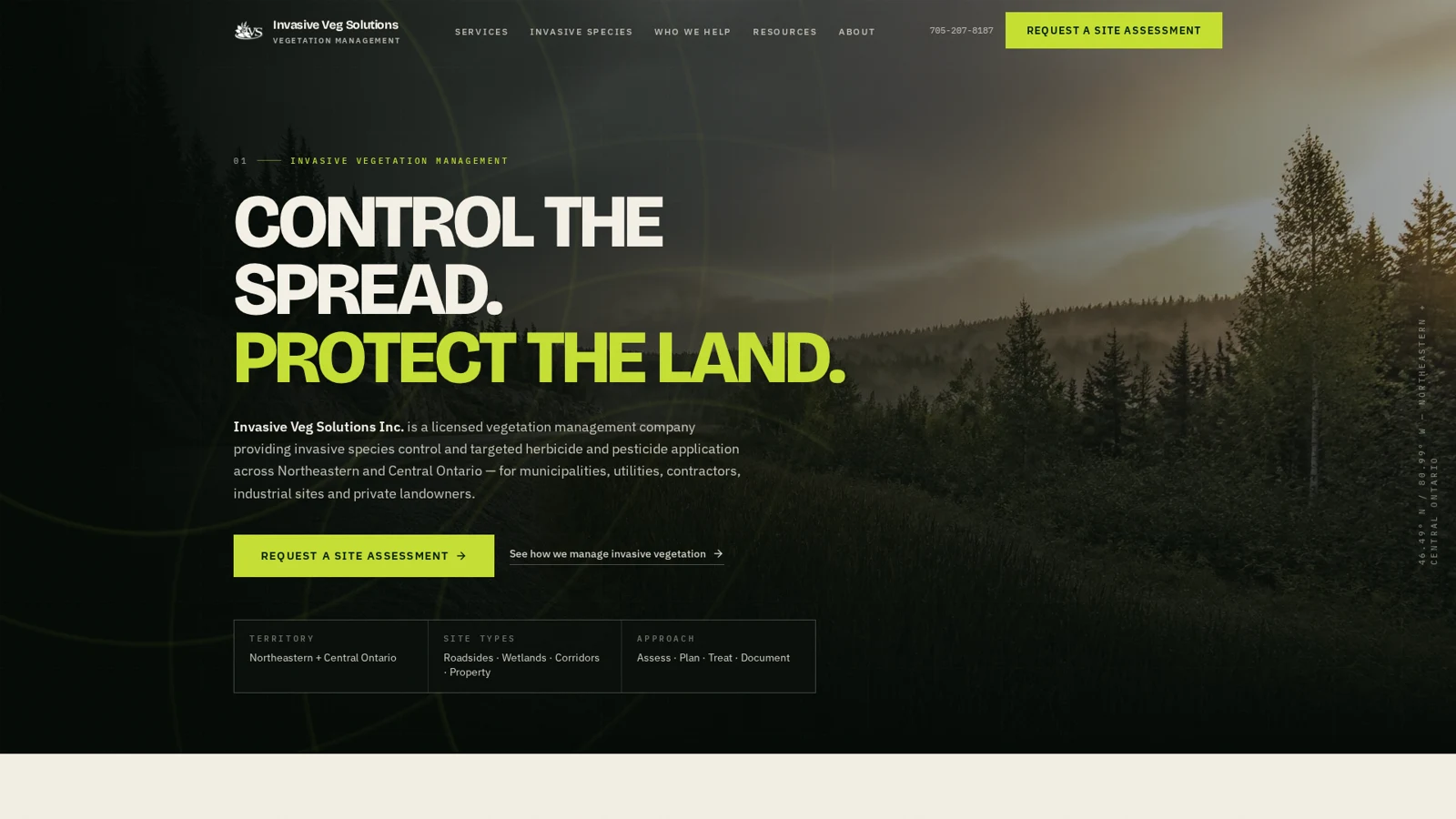 Invasive Veg Solutions website presenting invasive species control services and a site assessment call to action