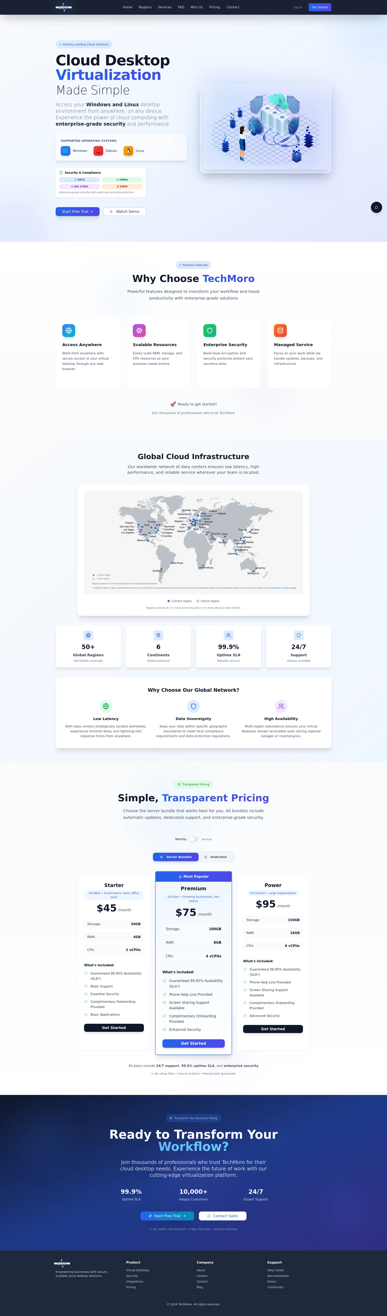 Tech Moro web application showcasing business operations, team collaboration, security, branding, and cost-allocation capabilities