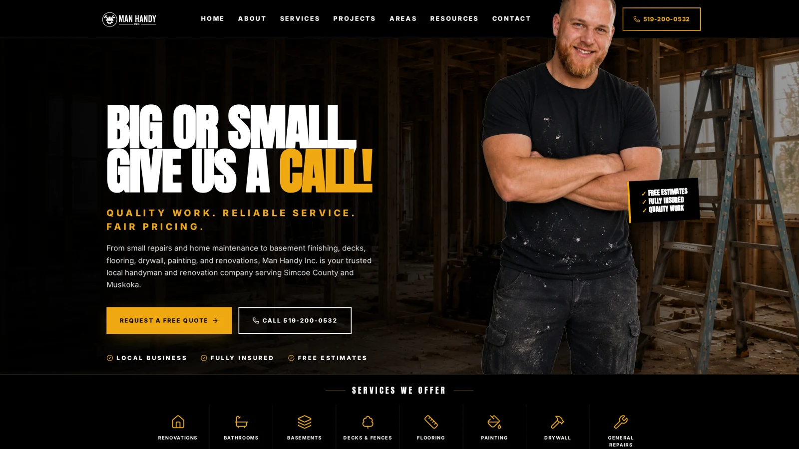 Man Handy Inc. website showcasing renovation services and clear quote and telephone contact options