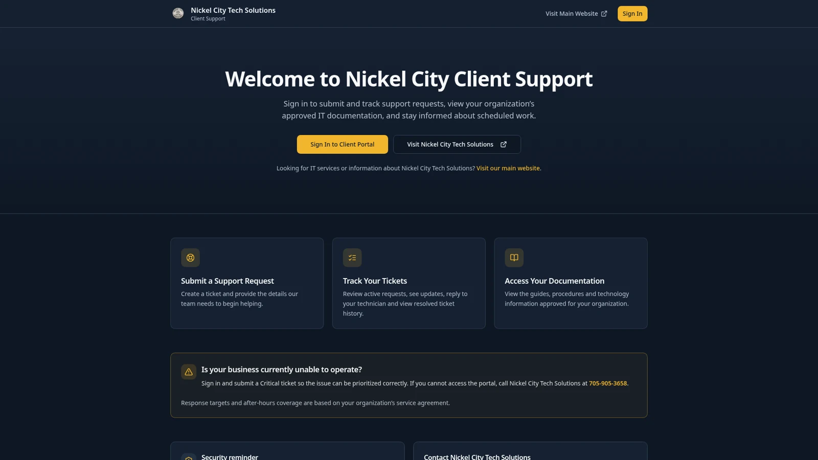 Nickel City Client Support portal showing the managed IT client dashboard and support navigation